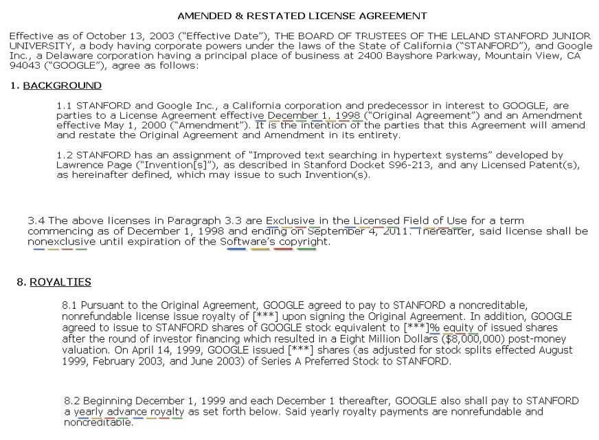 La licence de technologie accorrdée par l'Université de Stanford à Google, initialement signée en décembre 1998, exclusive jusqu'en 2011 et non exclusive par la suite, en échange d'une participation de 2 %.