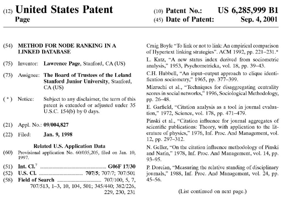 Le brevet Google déposé par l'université de Stanford en 1997 et accordé aux USA en 2001, avec Larry page comme inventeur.